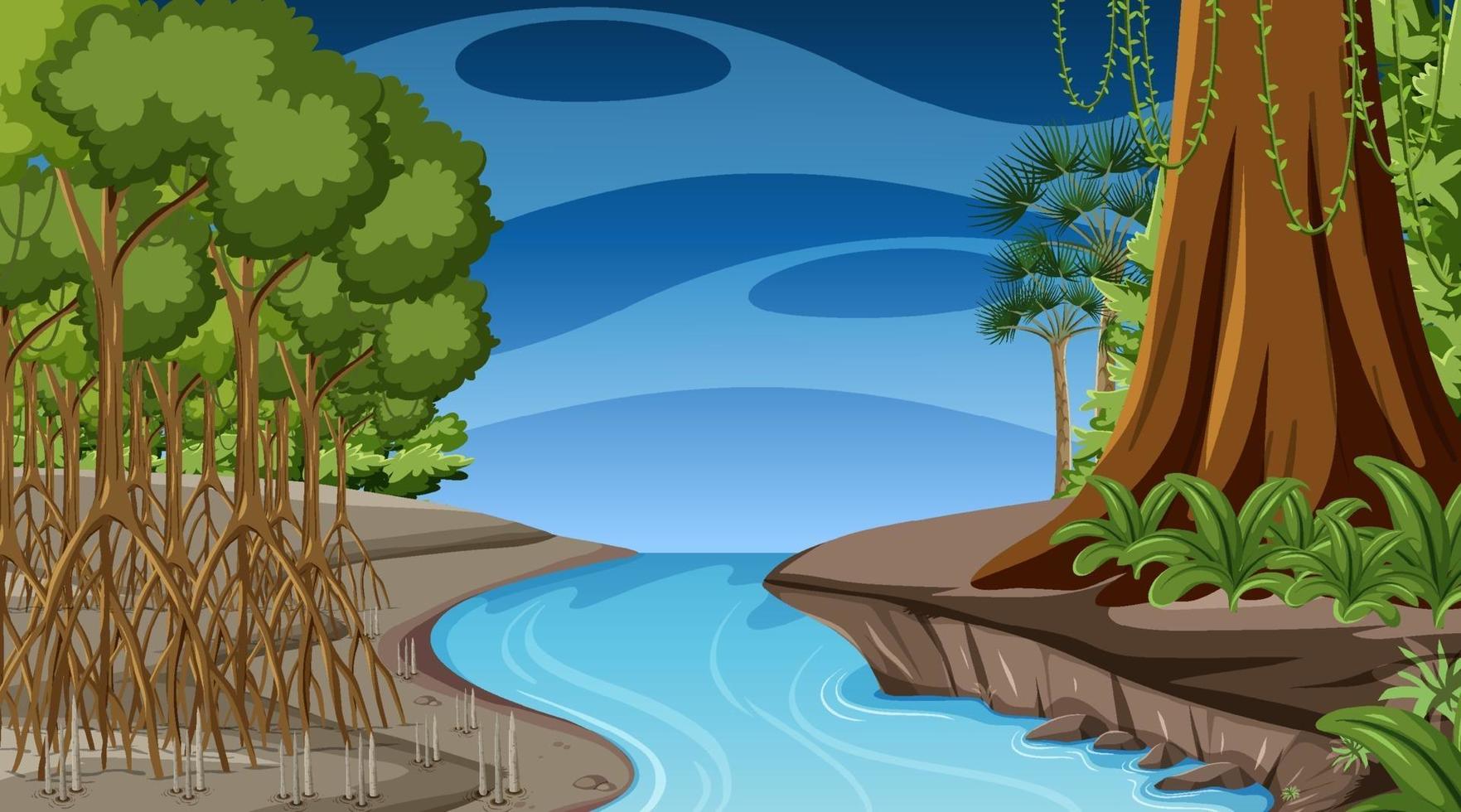 Nature scene with Mangrove forest at night in cartoon style vector