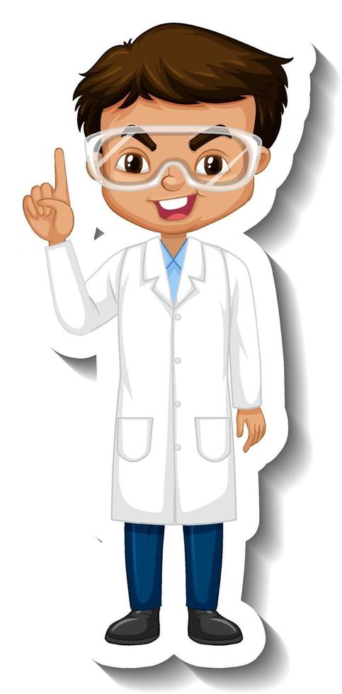 Cartoon character sticker with a boy in science gown vector