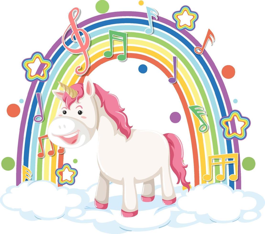 unicornio de pie en la nube con arco iris y símbolo de melodía vector