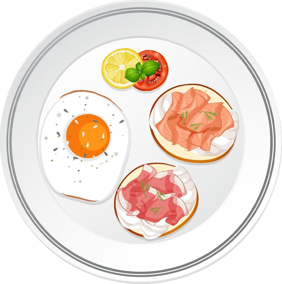 Top view of breakfast dish with bread and meats toppings vector