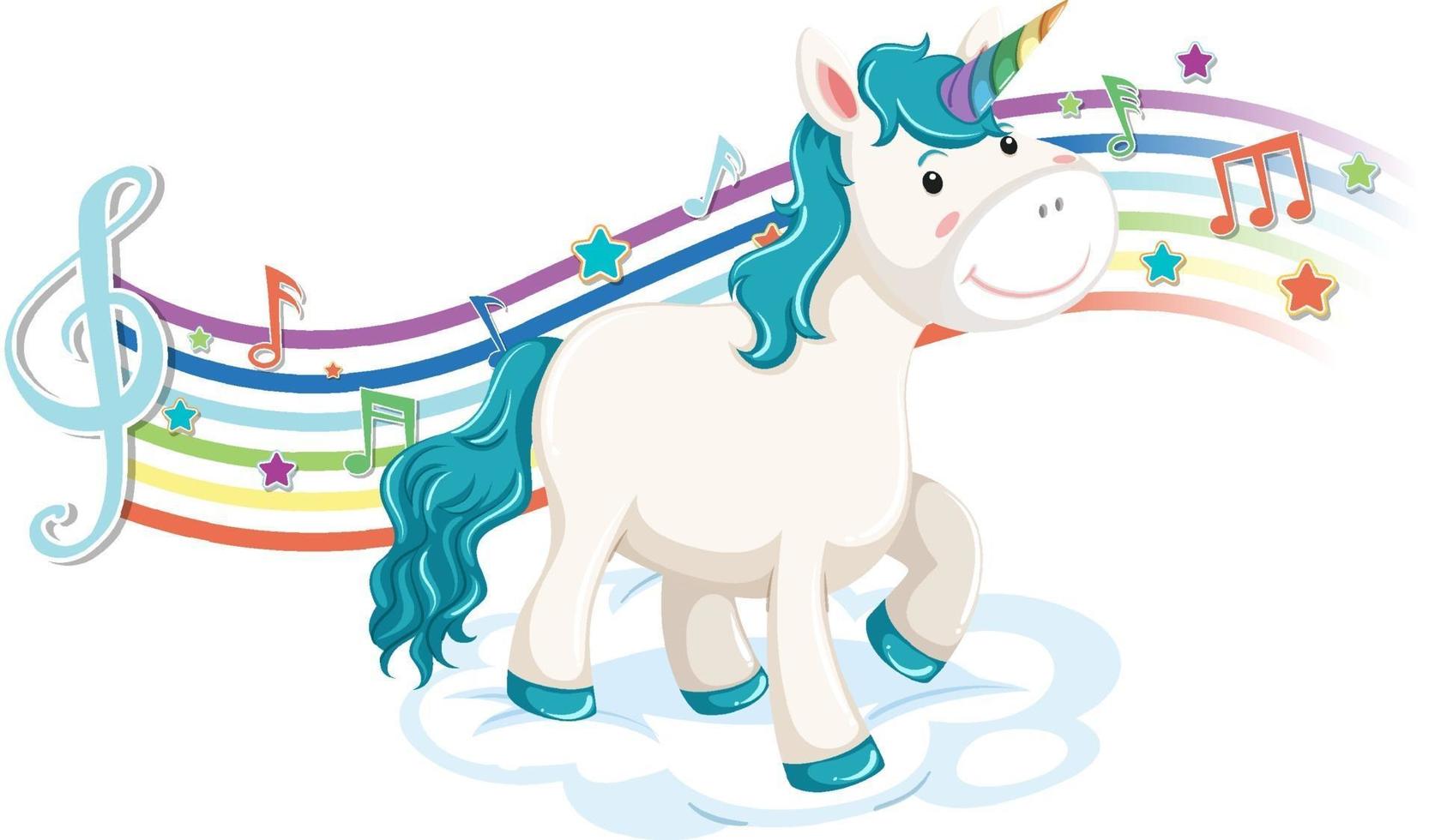 lindo unicornio de pie en la nube con símbolos de melodía en arco iris vector