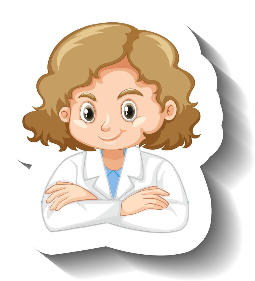 pegatina de personaje de dibujos animados con una chica en bata de ciencia vector