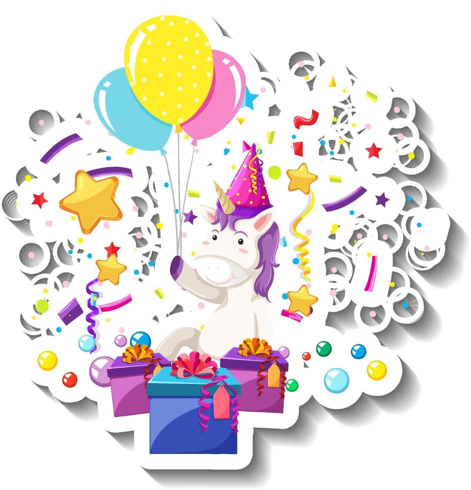 Happy unicorn with gift box and confetti rainbow vector