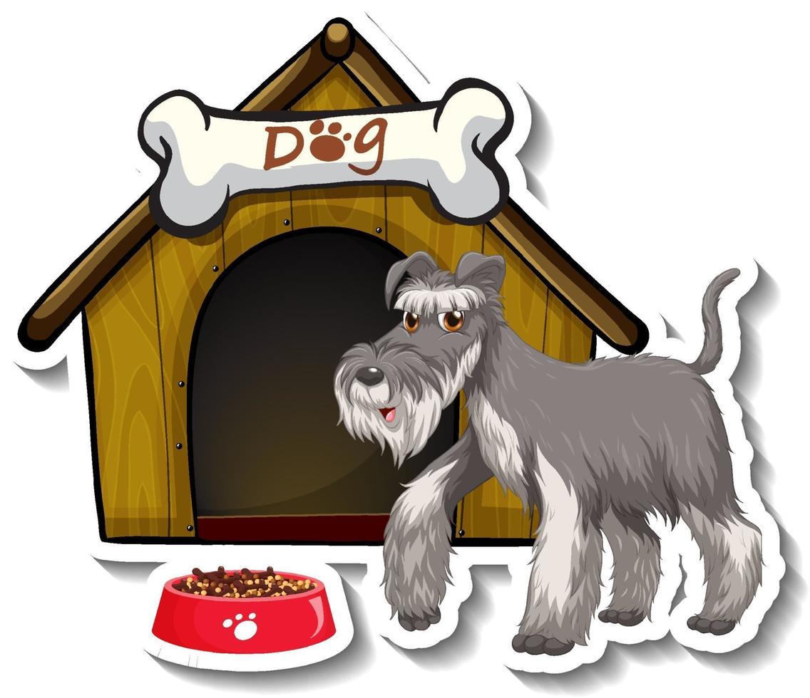 Diseño de etiqueta con perro schnauzer gris de pie delante de la casa del perro vector