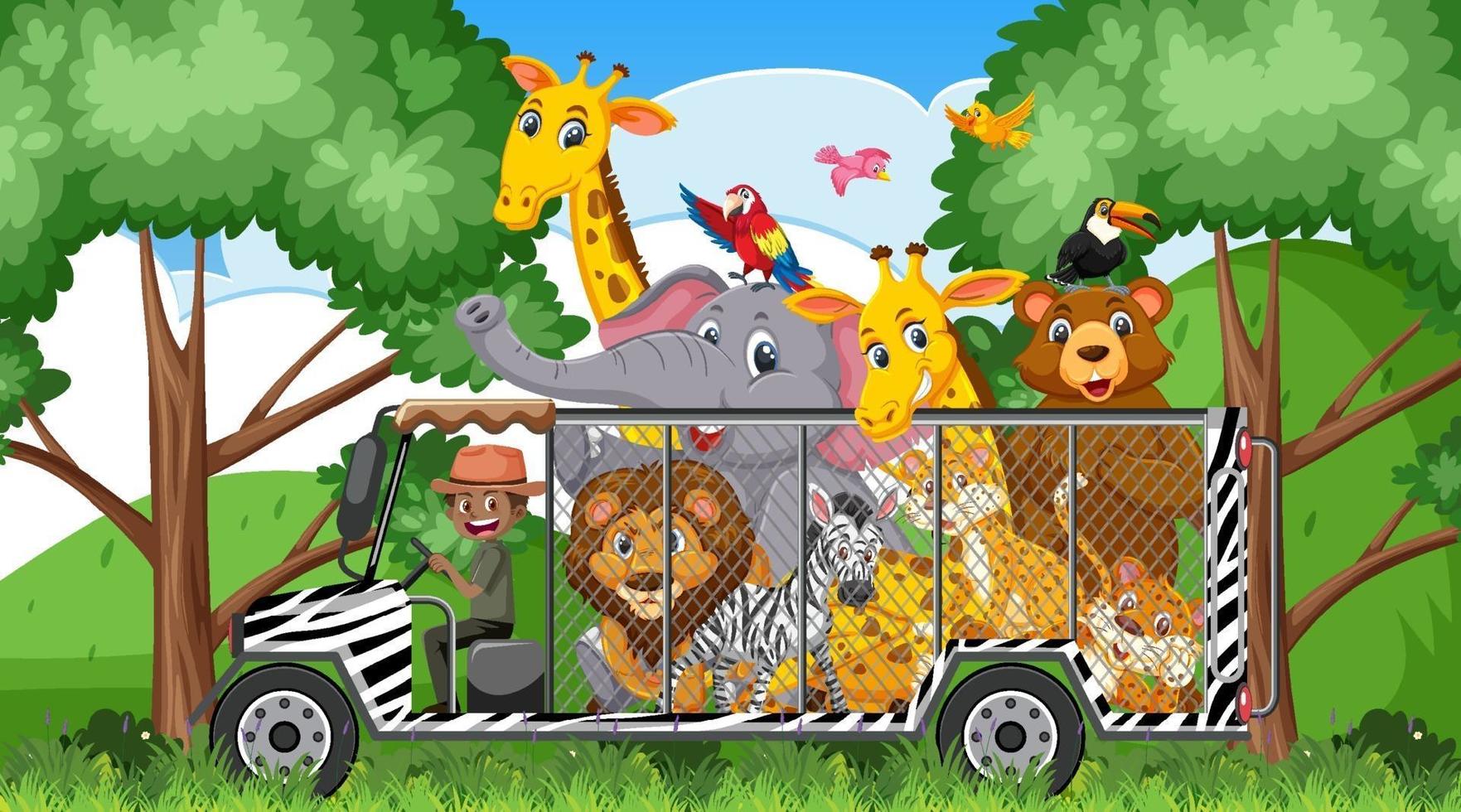 Escena del zoológico con animales felices en el coche de la jaula. vector