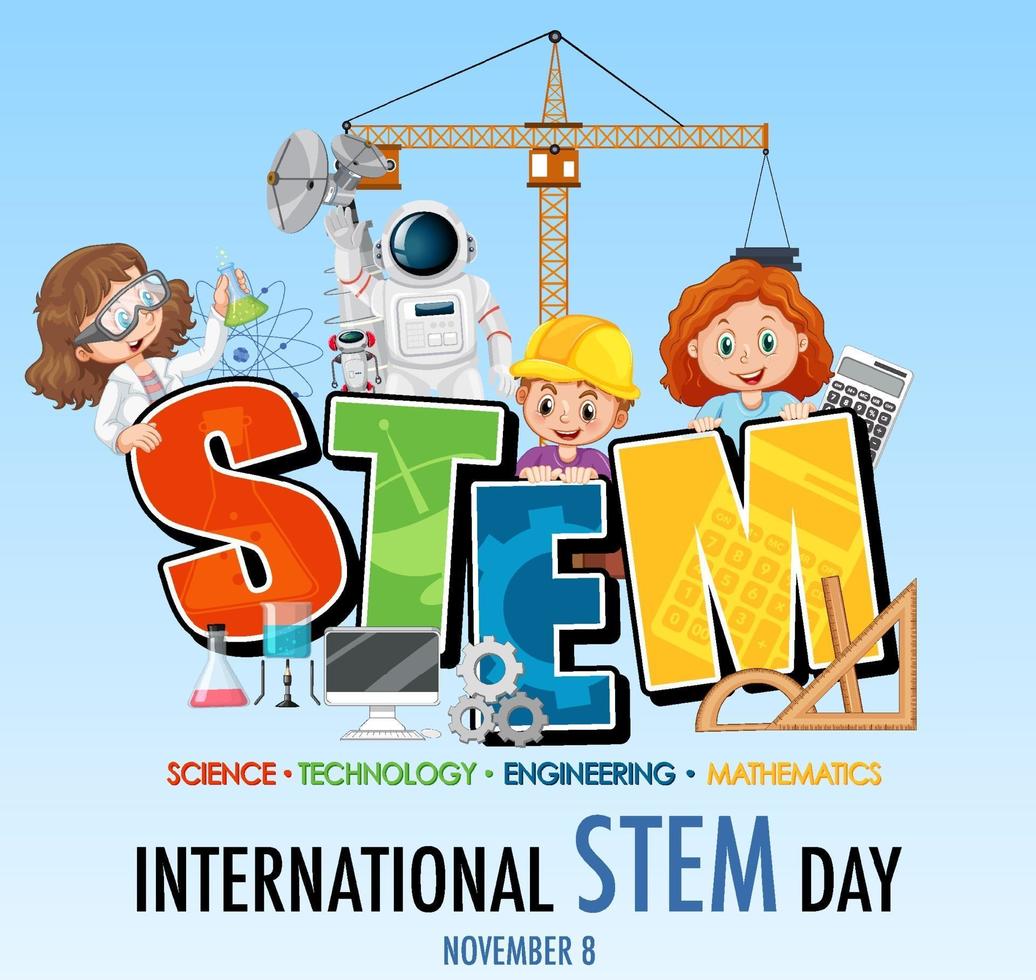 International STEM Day banner with kids cartoon character vector