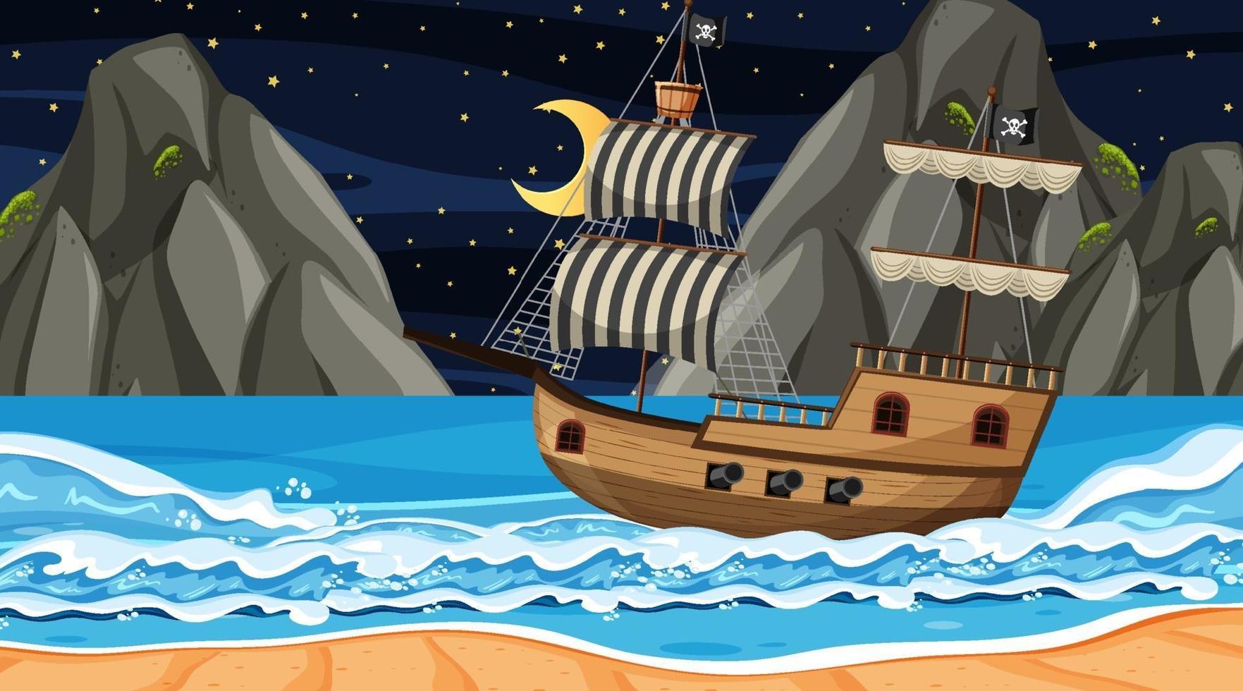 océano con barco pirata en la escena nocturna en estilo de dibujos animados vector