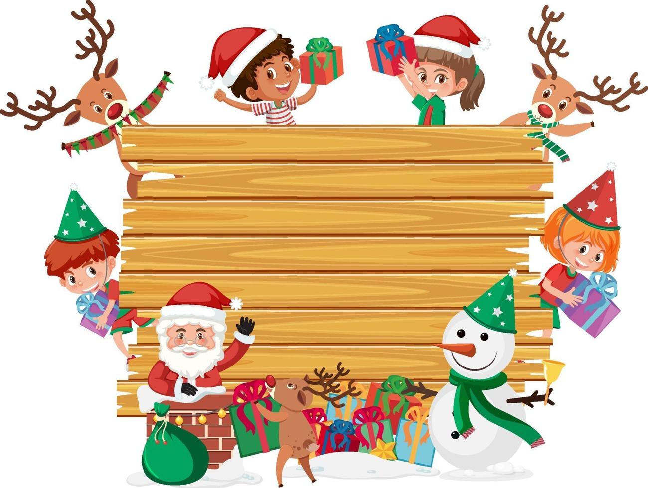 Empty wooden board with kids in Christmas theme vector