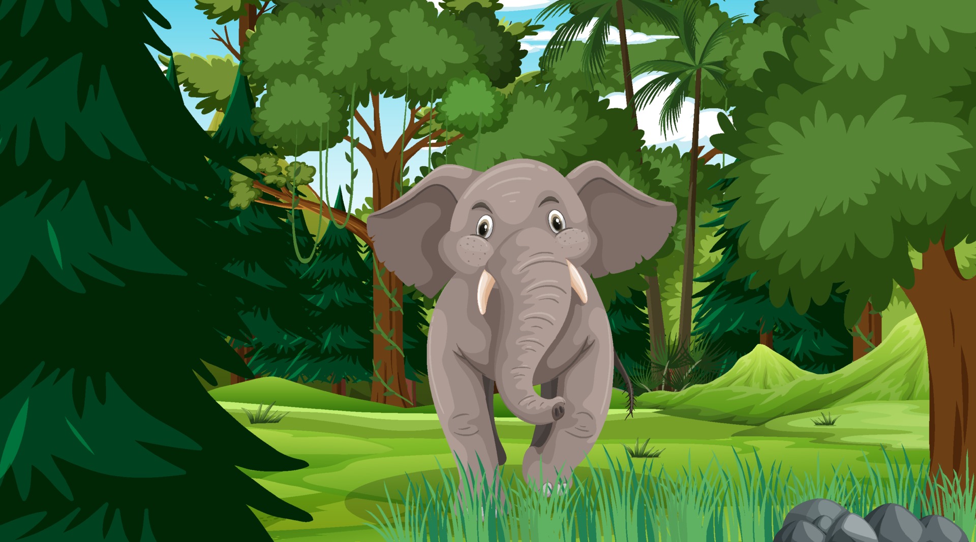 Elephant in forest or rainforest scene with many trees 3046015 Vector
