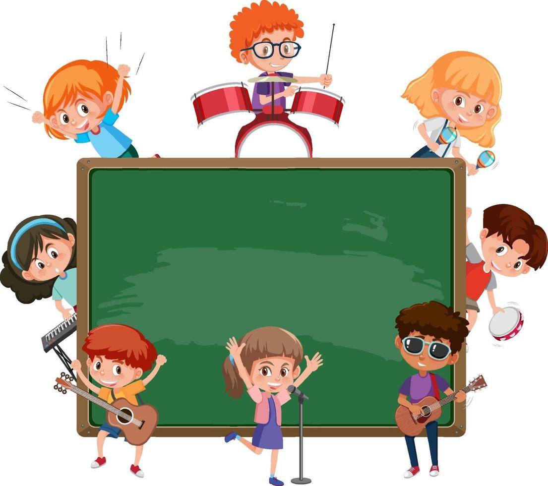 Pizarra vacía con niños tocando diferentes instrumentos musicales. vector