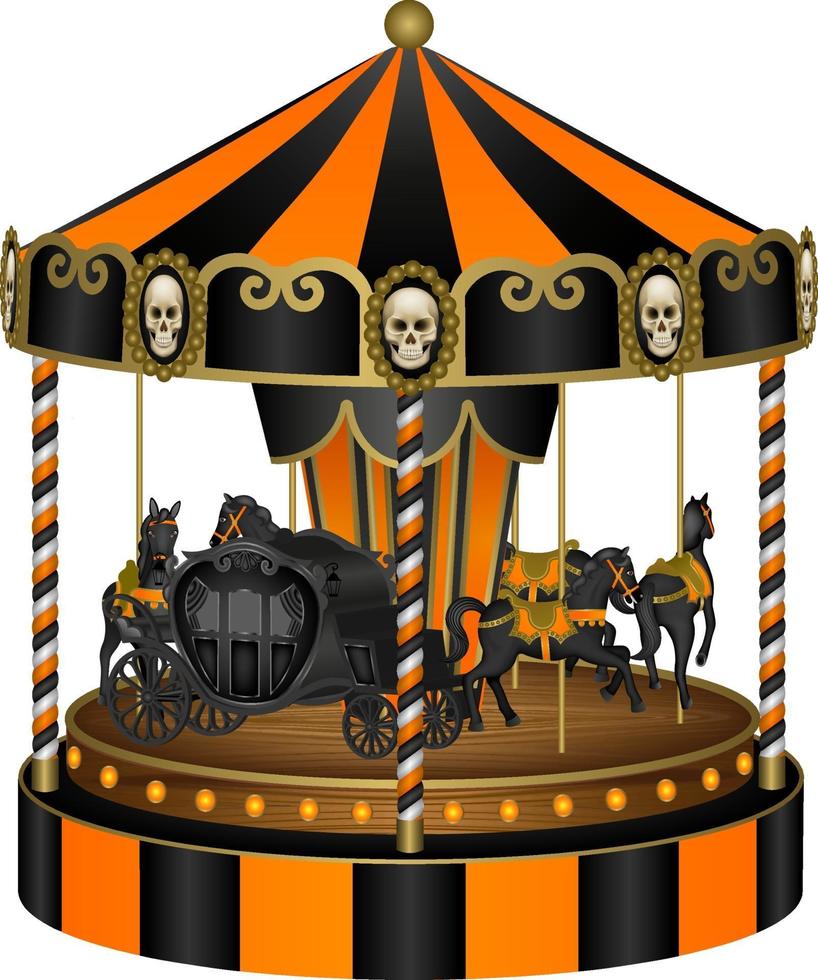 black and orange halloween carousel with black horses and old carriage vector