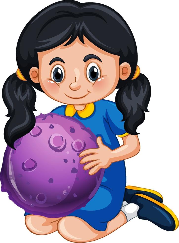 personaje de dibujos animados de niña feliz sosteniendo un modelo de planeta vector