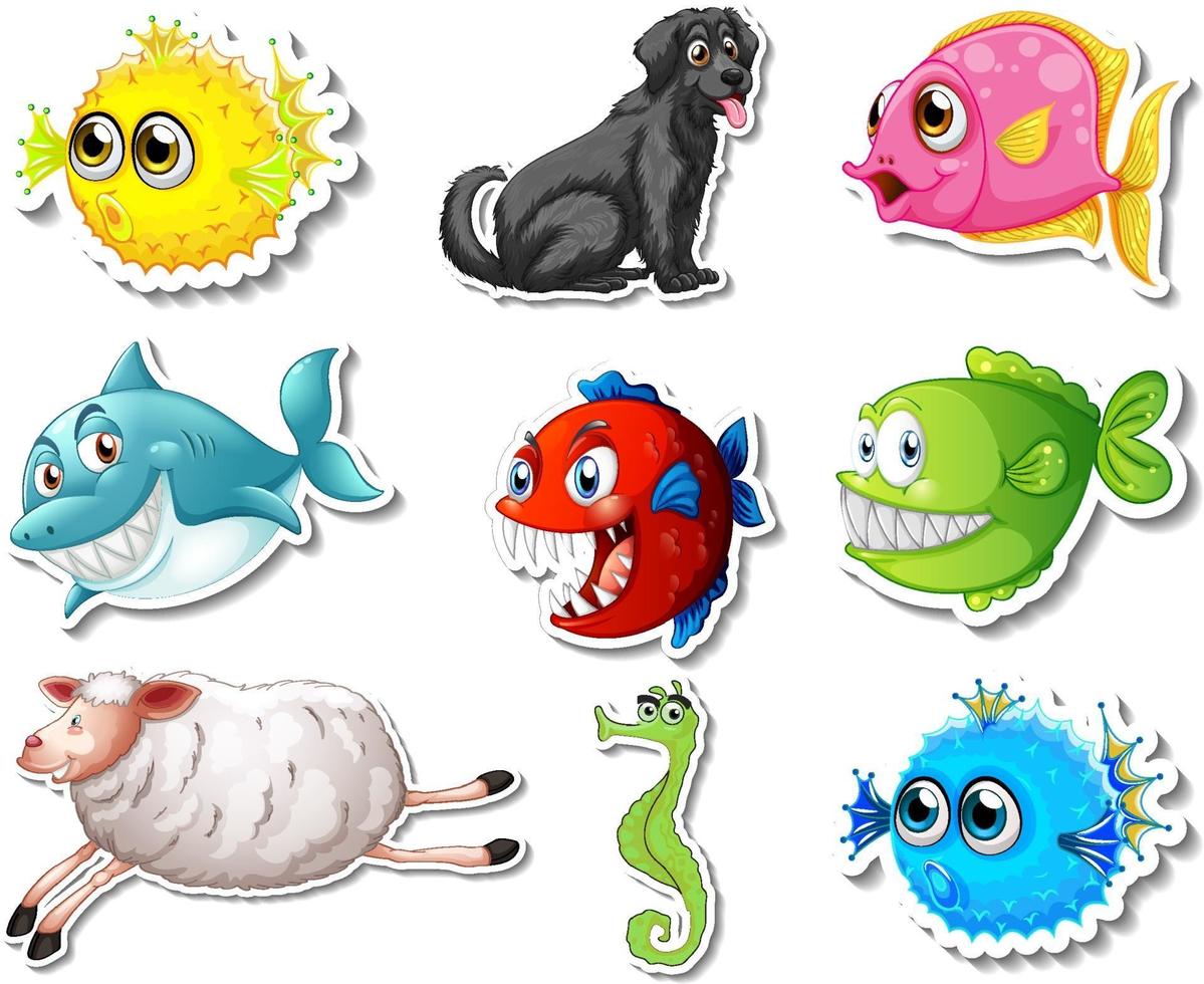 conjunto de pegatinas con animales marinos y personajes de dibujos animados de perros vector