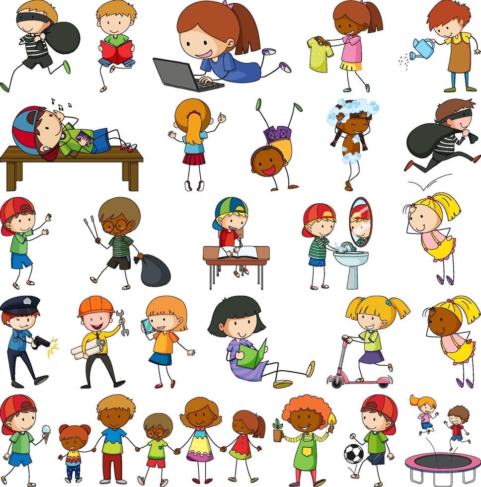 Set of different doodle kids cartoon character vector
