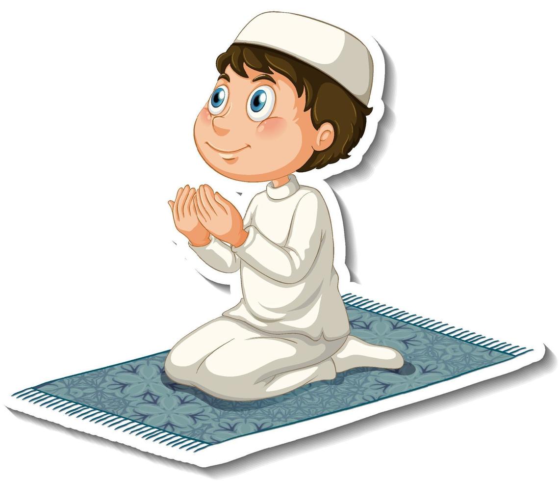 una plantilla de pegatina con un niño musulmán sentado en una alfombra y rezando vector