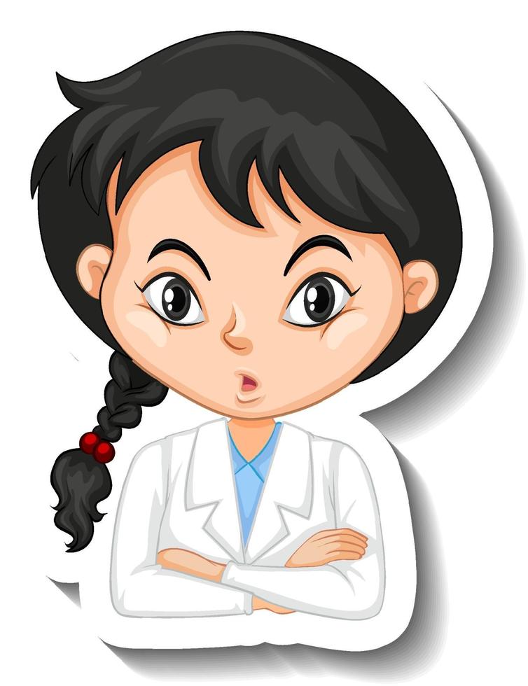 Portrait of a girl in science gown cartoon character sticker vector