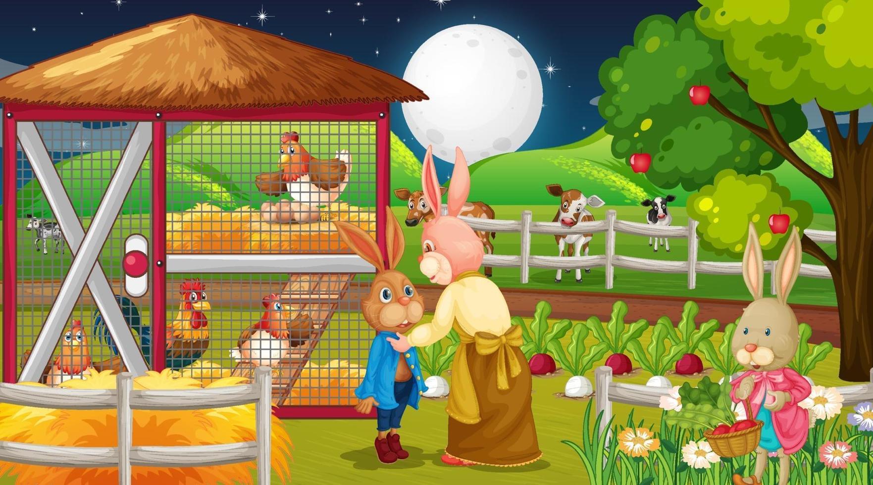 Farm at night scene with rabbit family and farm animals vector