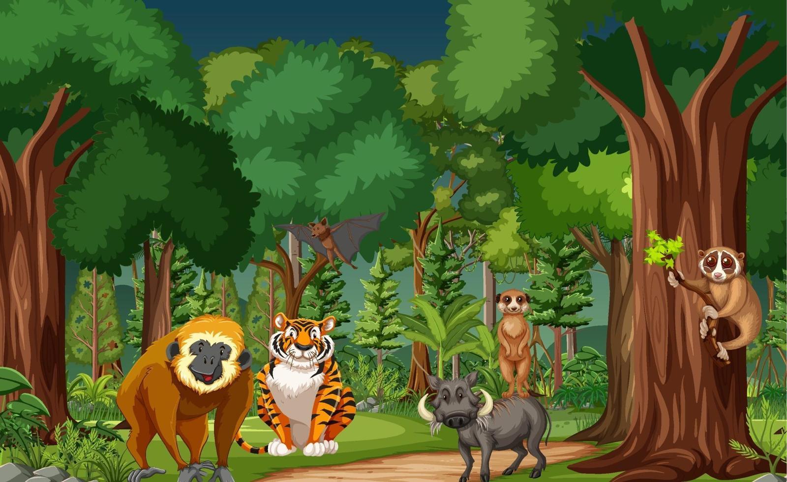 Tropical rainforest scene with various wild animals vector