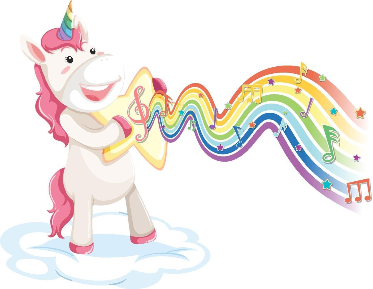 unicornio parado en la nube con símbolos de melodía en la onda del arco iris vector