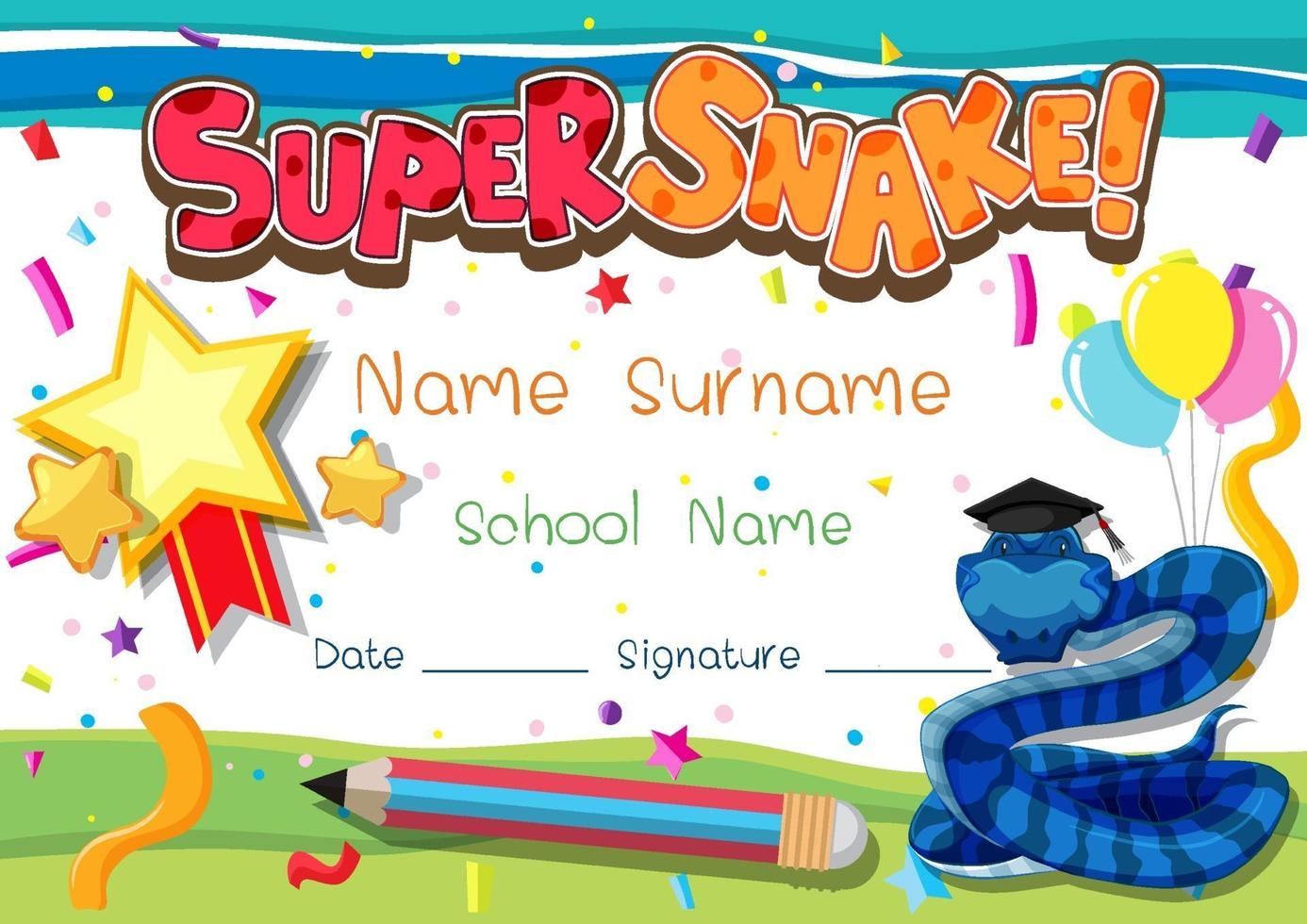 Diploma or certificate template for school kids with super snake vector