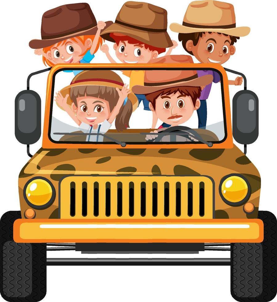 Concepto de safari con niños en el coche jeep sobre fondo blanco. vector