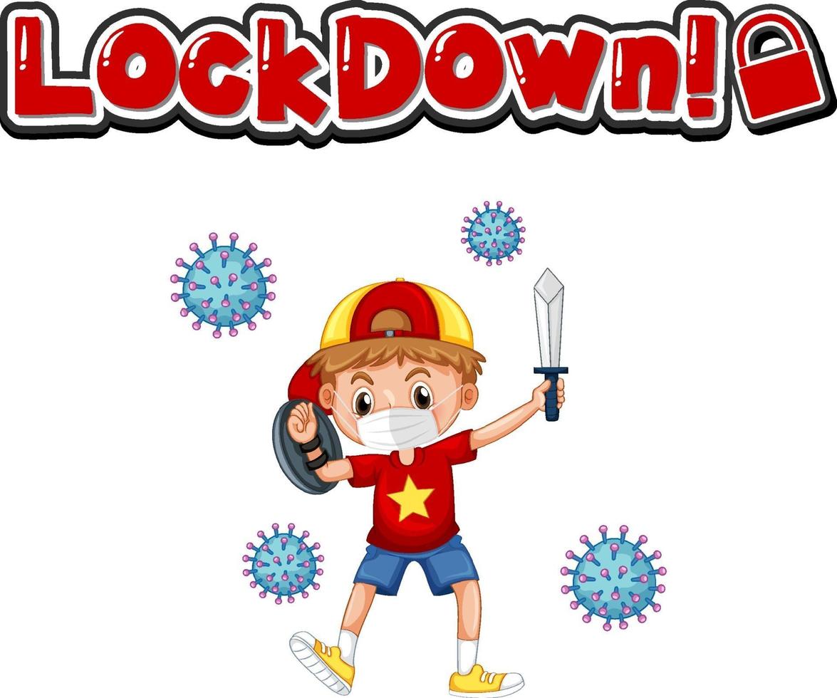 Lockdown font with a boy wearing medical mask vector