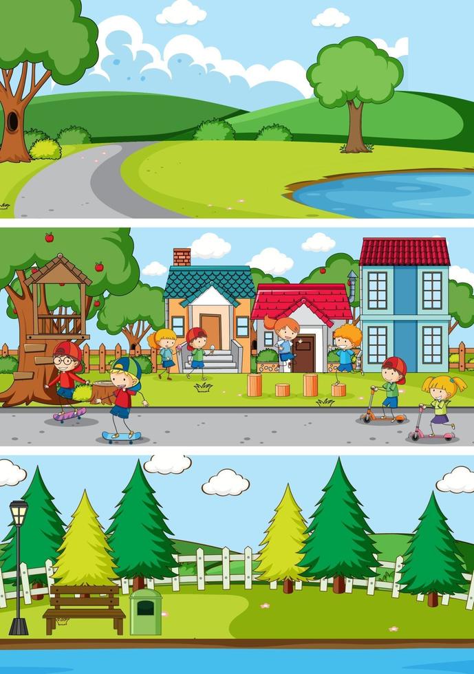 Different scenes background with doodle kids cartoon character vector