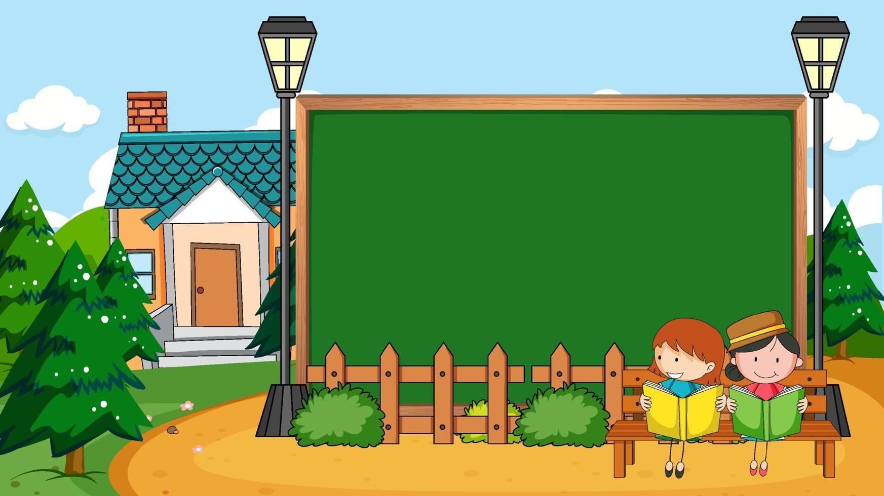 Empty blackboard in nature scene with two kids reading book vector