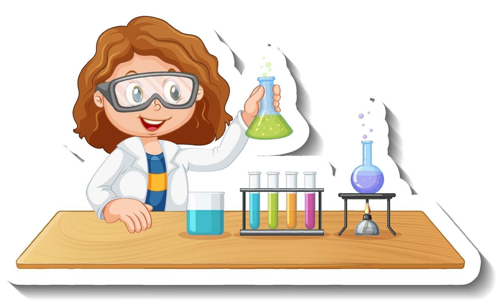 Sticker template with student doing chemical experiment vector