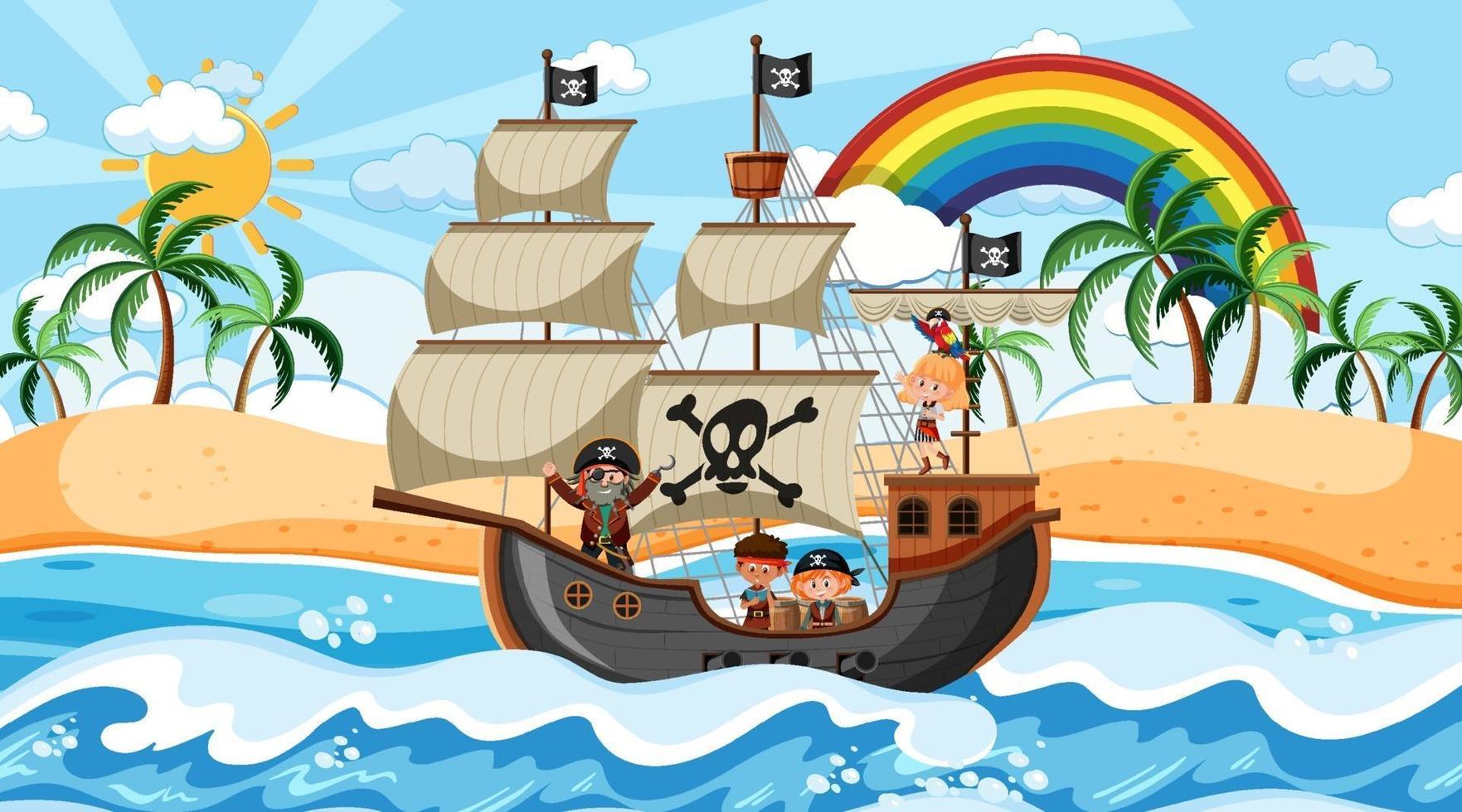 playa con barco pirata en la escena diurna en estilo de dibujos animados vector