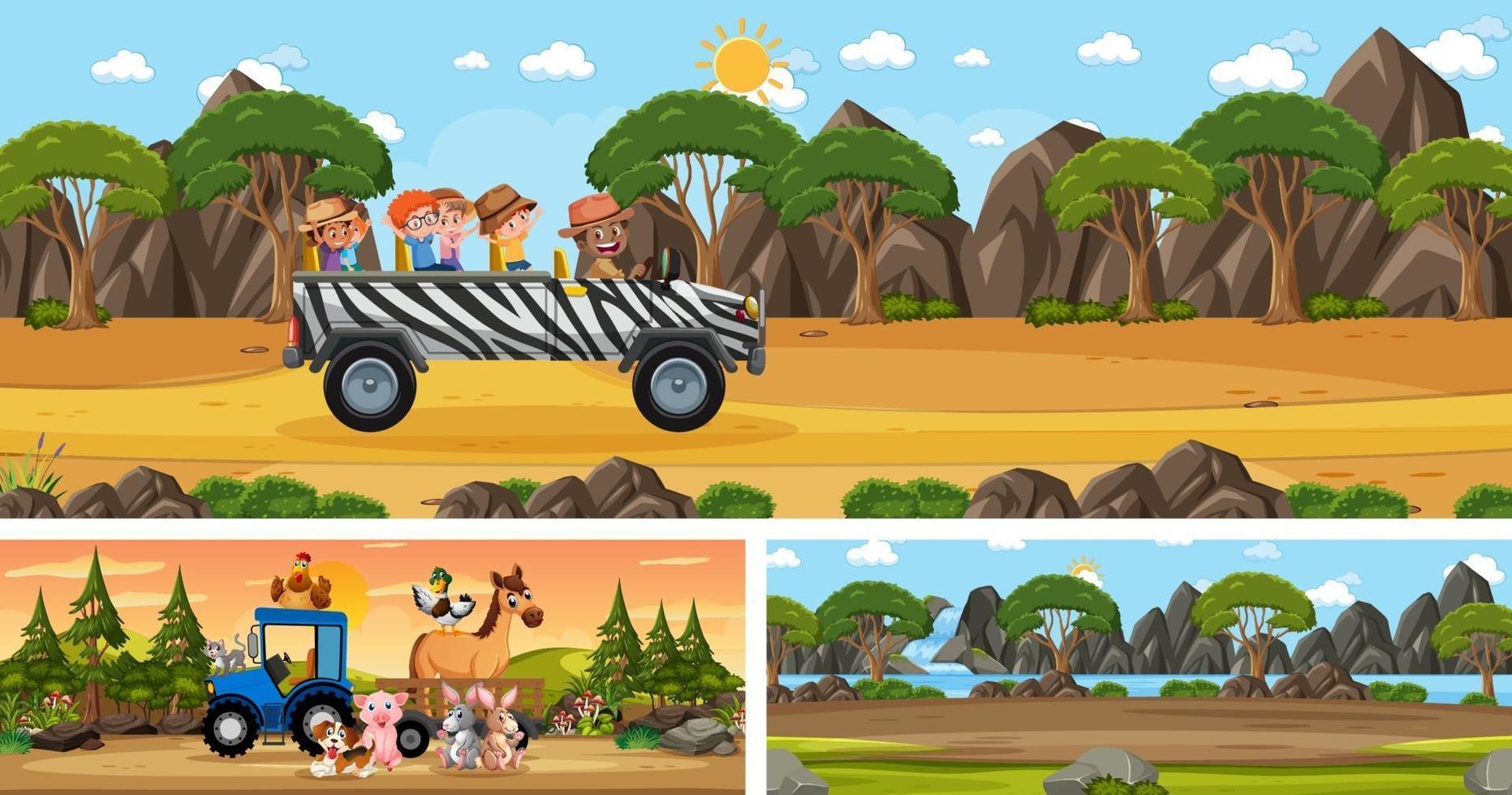 Different outdoor landscape scenes with cartoon character vector