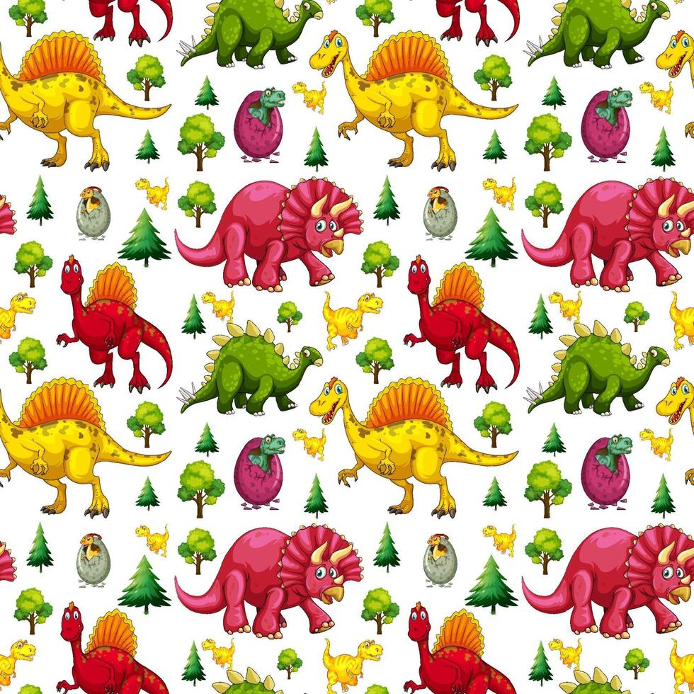 Seamless pattern with various cute dinosaurs and nature element vector