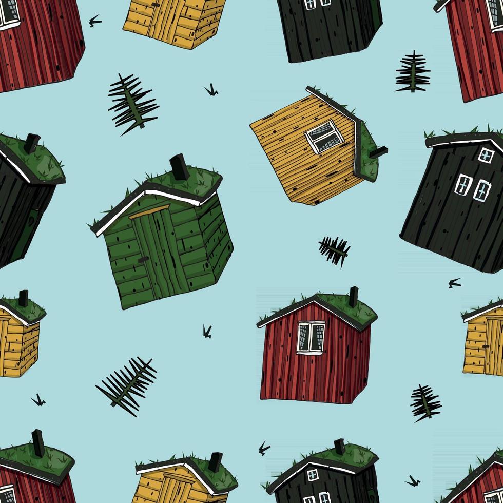 Wooden houses with grass on the roof colorful seamless pattern vector