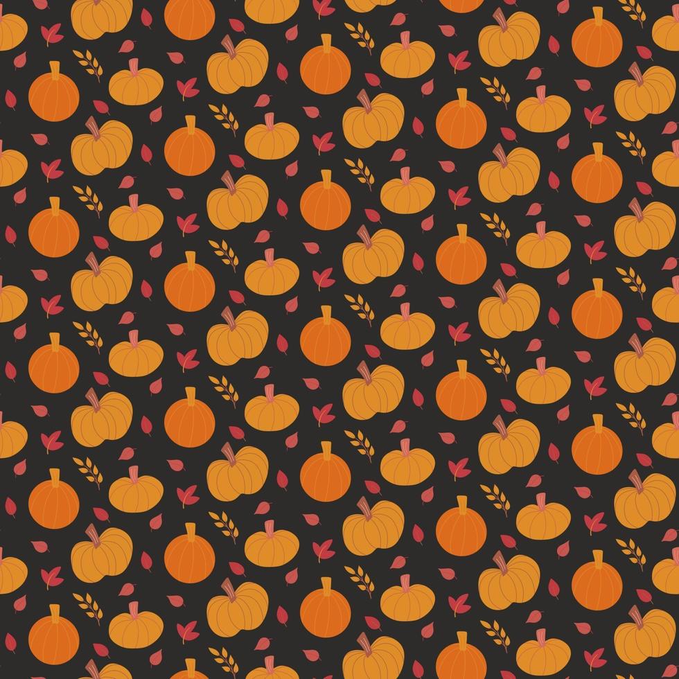 seamless pattern background with hand drawn pumpkins and leaves. vector