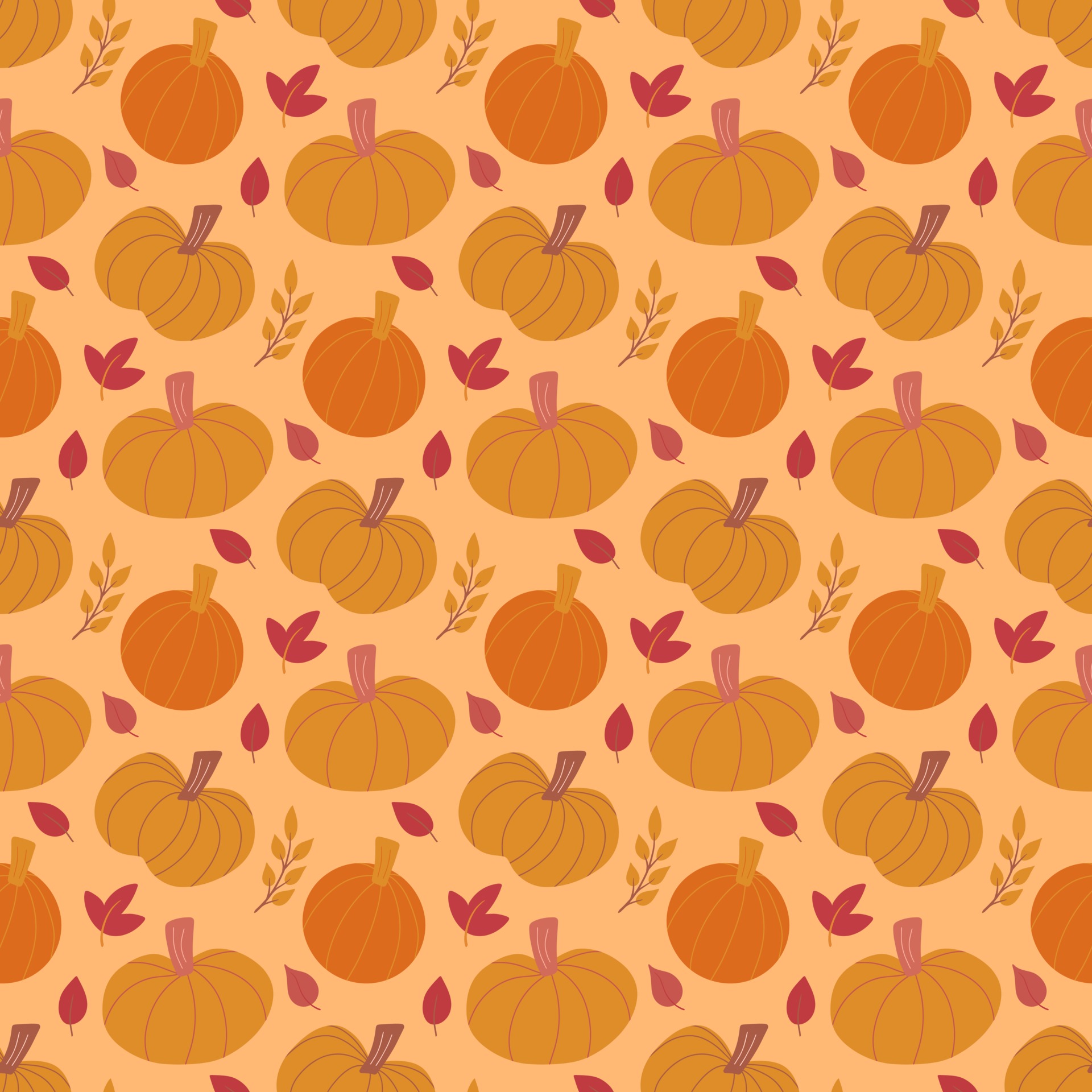 seamless pattern background with hand drawn pumpkins and leaves ...