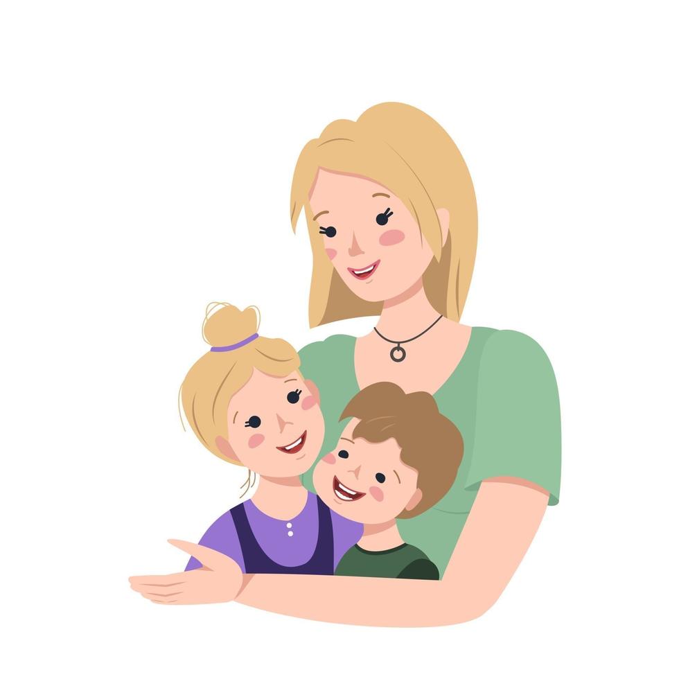 Blonde mom hugs her son and daughter. Happy family day vector