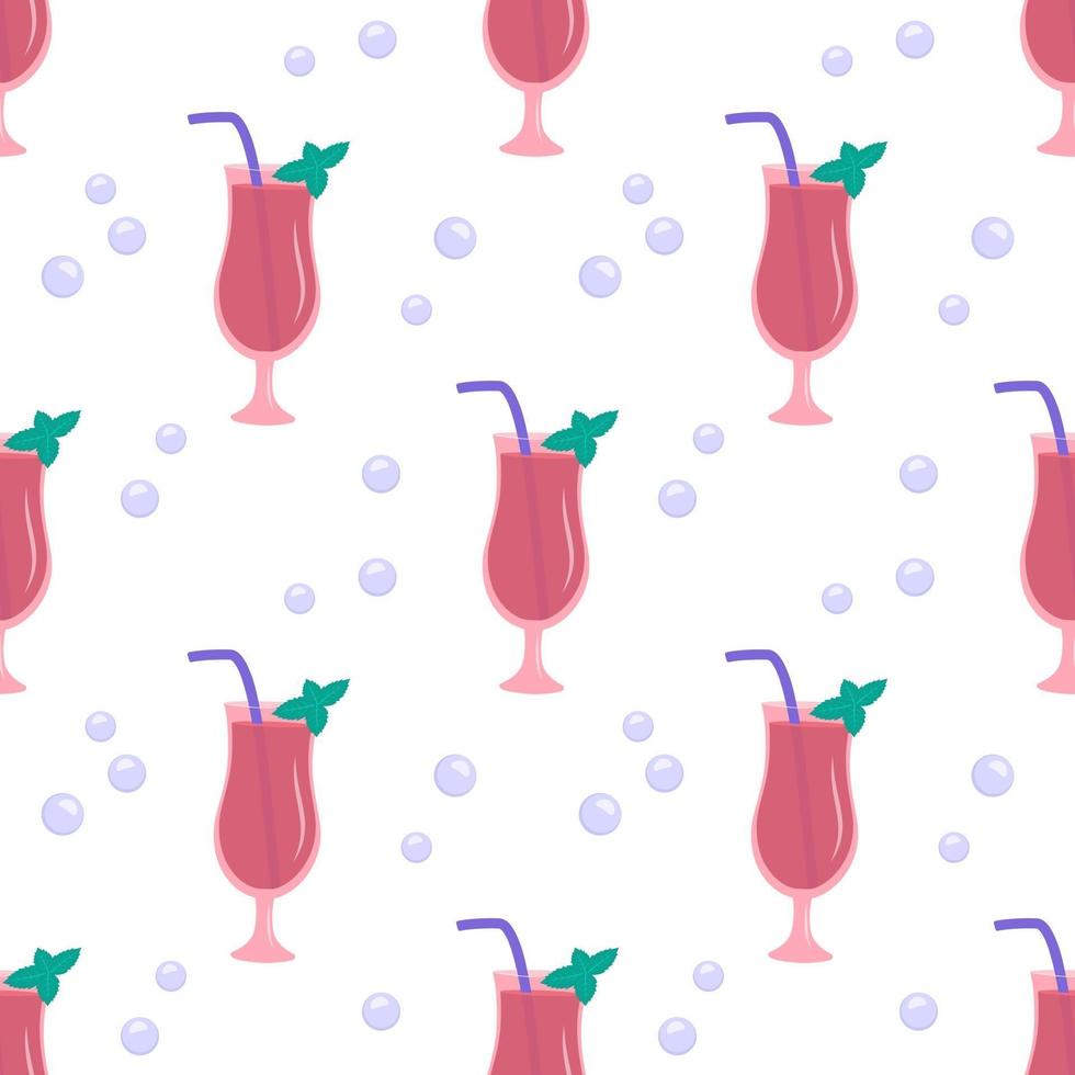 Seamless pattern with glasses of pink cocktail with tubes, mint leaves vector