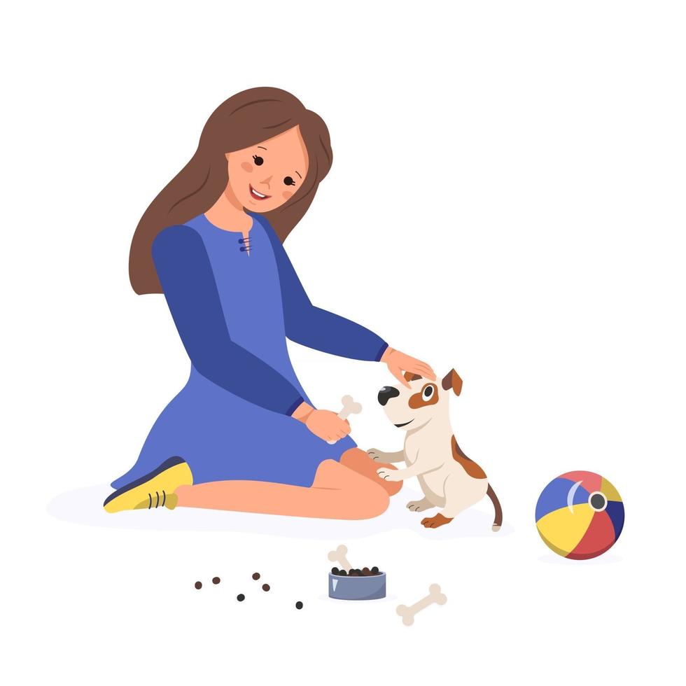 niña feliz le da un hueso a un cachorro. vector