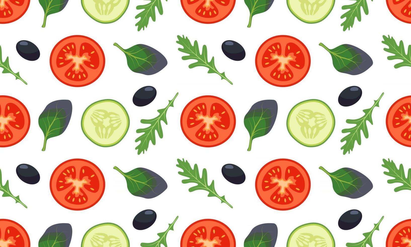 Seamless vegetables pattern with tomato, cucumber, leave vector
