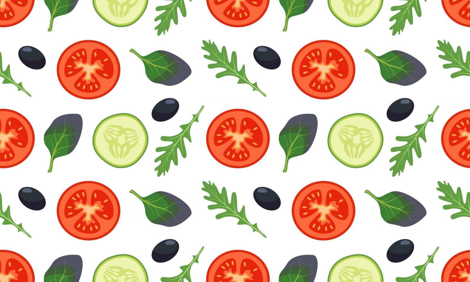 Seamless vegetables pattern with tomato, cucumber, leave vector