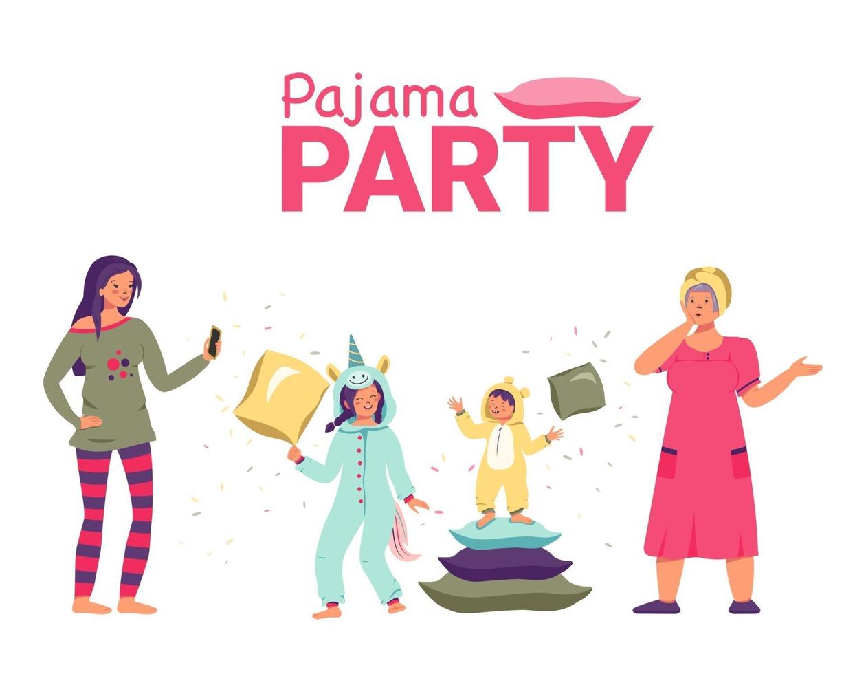 Pajama party with kids, mom and grandmother. Family holiday vector