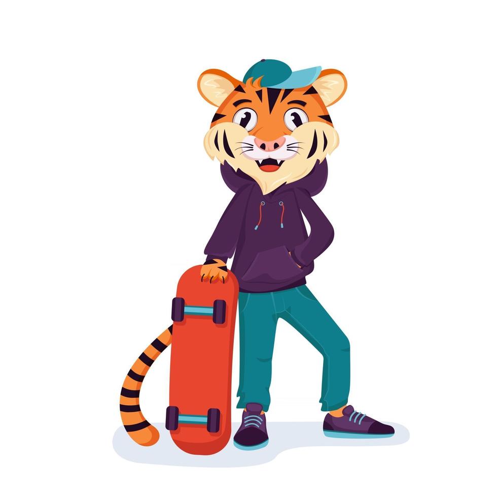 Un tigre en ropa se encuentra con una patineta en sus manos. vector