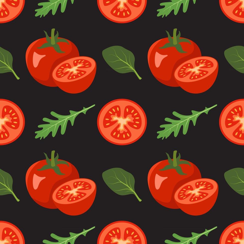 Seamless pattern with tomatoes and leaves of spinach, arugula vector