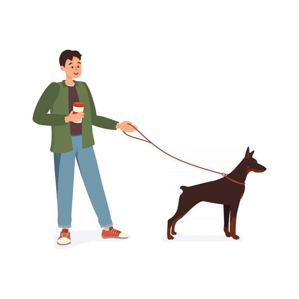 A man with a mug of coffee and Doberman dog. Happy pet owner vector