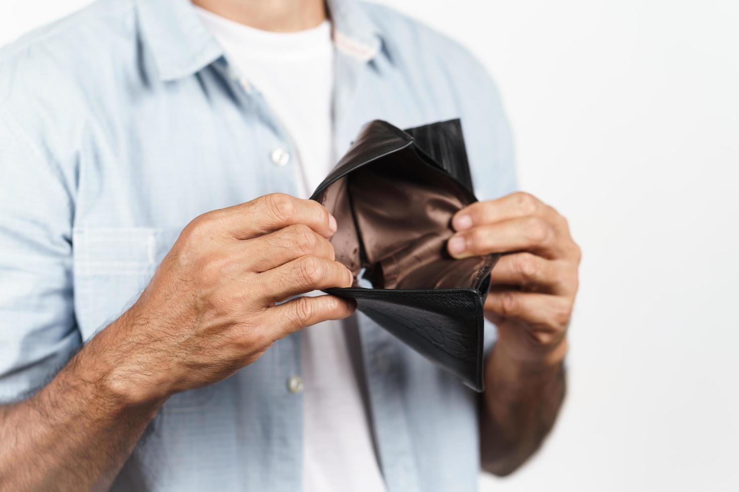 Man holding his empty wallet on white background. no money. photo