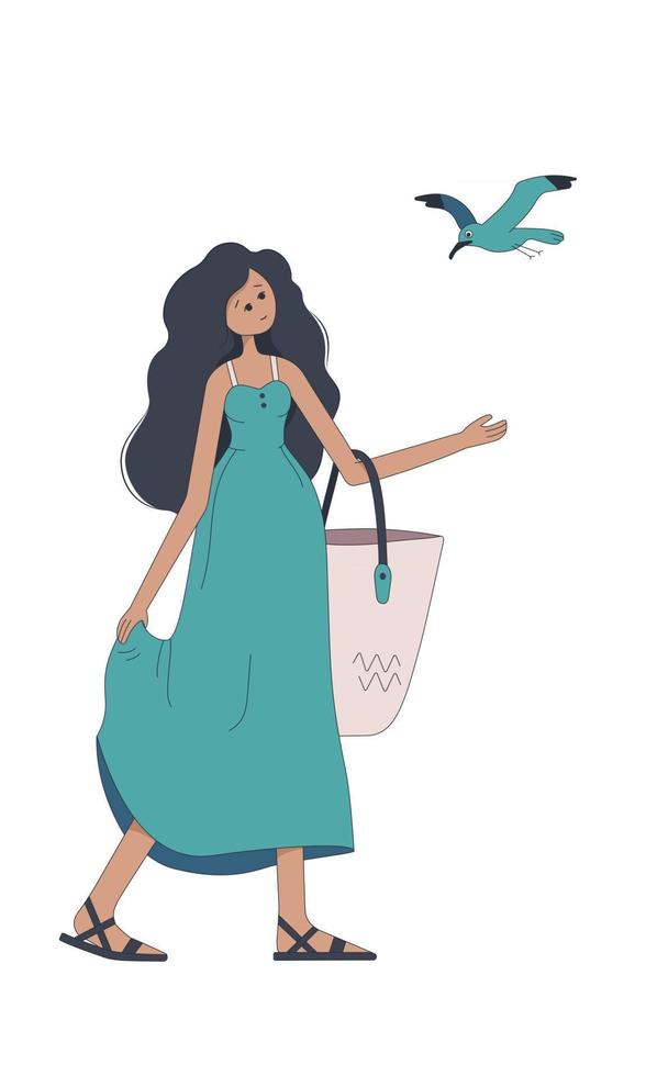 Cute girl with a beach bag and a seagull vector