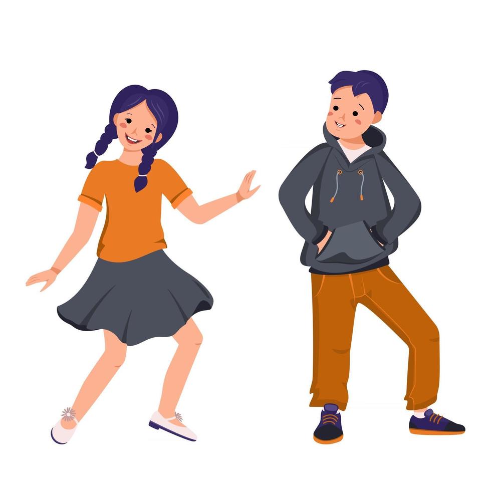 A boy in a hoodie and jeans and a girl in a skirt and shirt vector