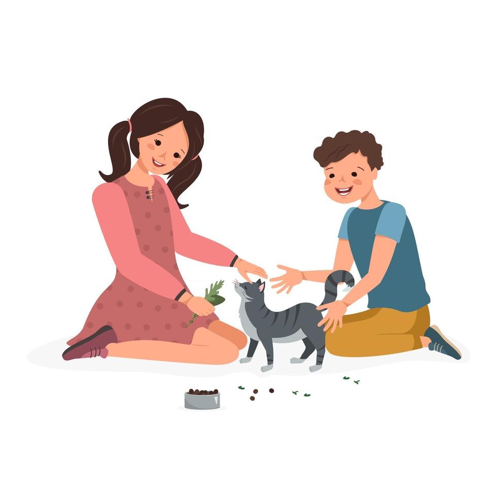 niño y niña felices alimentan las hojas al gato. vector