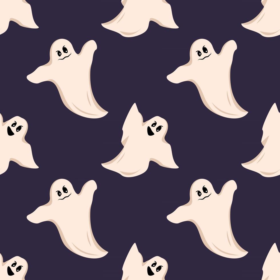 Bright dark seamless pattern with white ghost with eyes and a grin vector