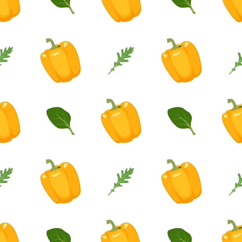 Seamless pattern with yellow peppers, arugula and basil vector